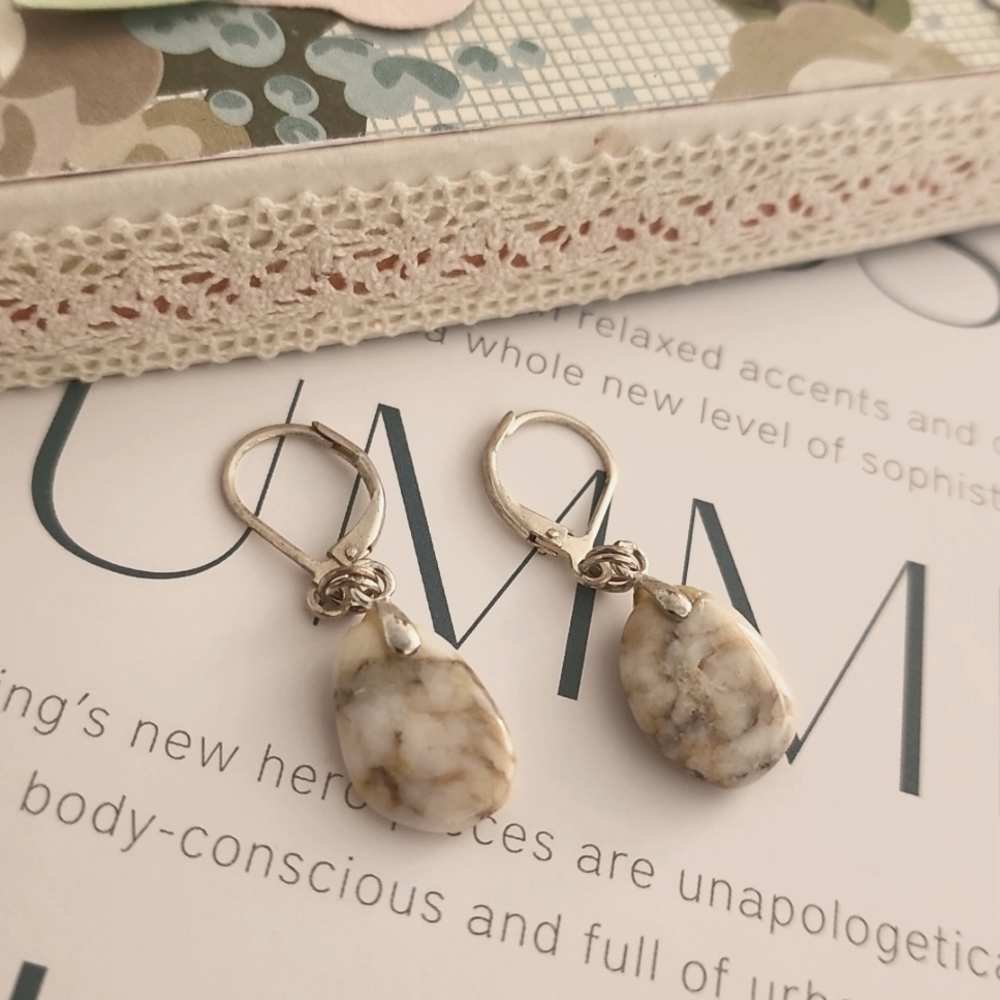 VINTAGE Sterling Silver Raw Stone Earrings Copper Dainty Artisan Marble Boho - Picture 7 of 12